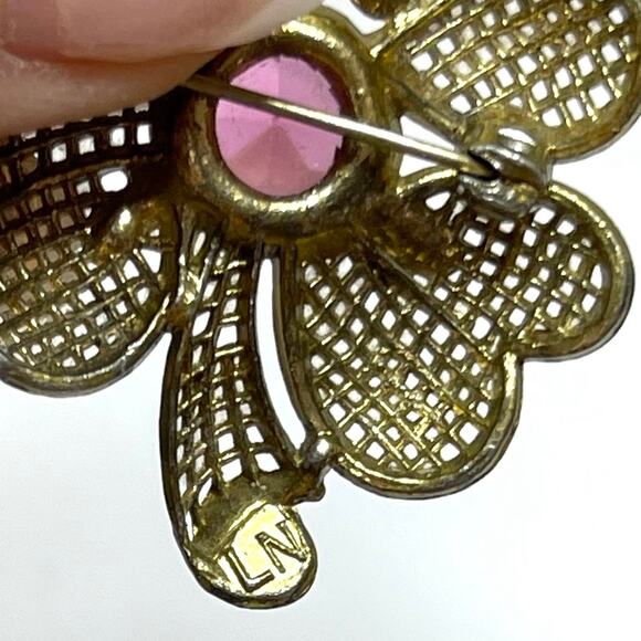 VINTAGE Brooch Signed LM LITTLE NEMO Pink Rhinestone Vtg Jewelry Pin A16 - Picture 3 of 4
